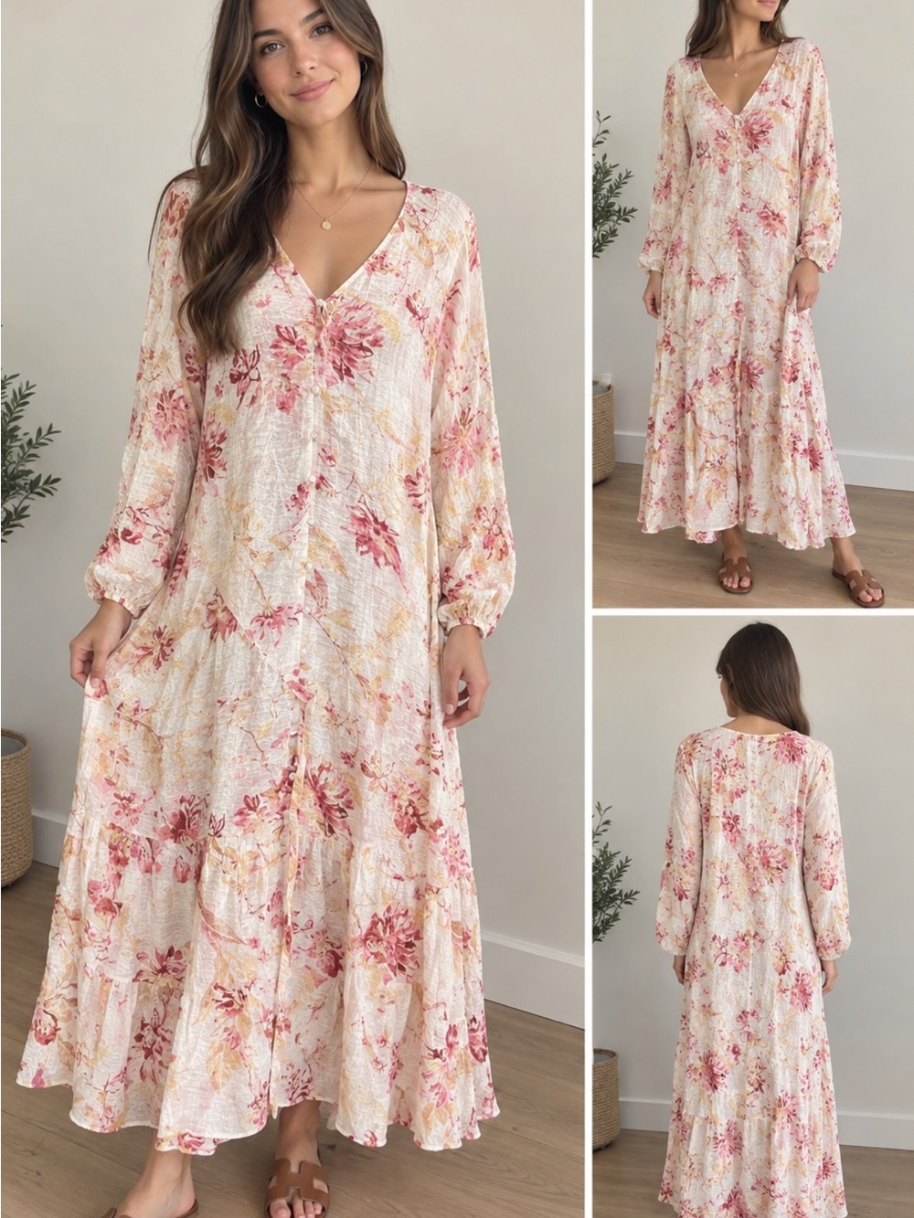 H&M Pink and Cream Floral V-Neck Maxi Dress